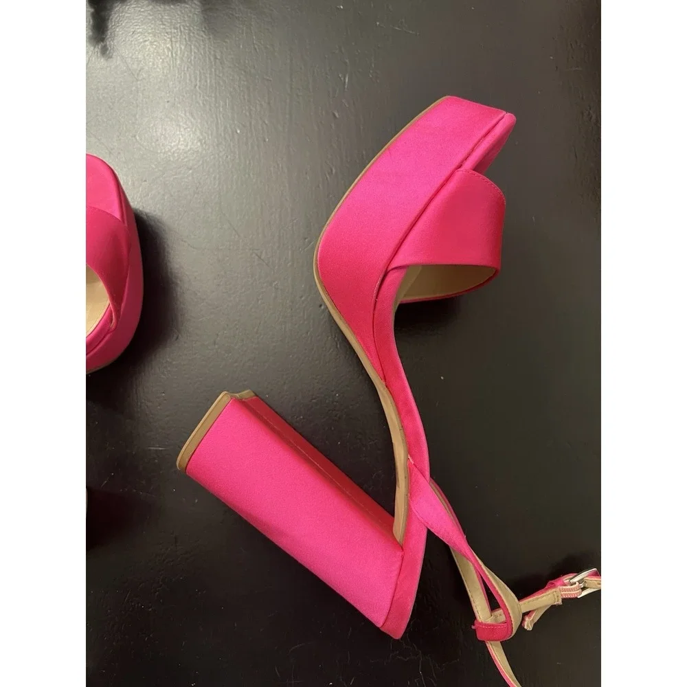 Steve Madden Lessa Satin Hot Pink Fabric Platform Ankle Strap Block Heel Sz 8.5M